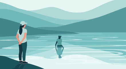 Obraz premium Serene Landscape Featuring Figures, Contemplation, Reflection, And Peaceful Nature