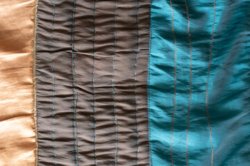 Color Block Fabric With Blue Stitching And Stripes, Textile Texture For Design And Fashion