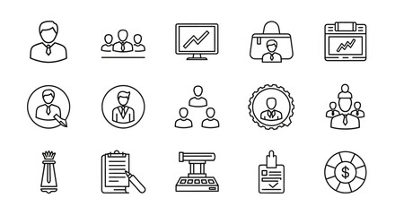 Collection of business-related line icons depicting people, teamwork, charts, documents, and office supplies.
