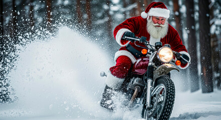 Modern Santa Claus riding motorcycle through snowy forest, showcasing festive spirit and adventure, blending traditional holiday themes with contemporary lifestyle