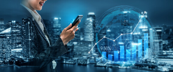 A business professional engages with a smartphone against a backdrop of a vibrant city skyline,...