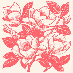 A beautiful composition of magnolia flowers, buds, and leaves on a branch. Vector illustration in a vintage engraving or woodcut style.