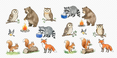 Fototapeta premium Watercolor illustration set of cute forest animals including bears, owls, raccoons, squirrels, foxes, and birds, with campfires and natural elements.