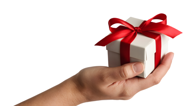 Hand holding a white gift box with red ribbon isolated on transparent background - Powered by Adobe