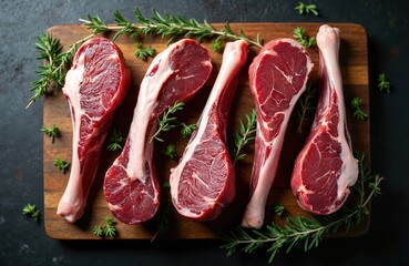 Five raw lamb chops sit on a wooden board with rosemary sprigs. The fresh red meat is marbled and ready for cooking. This ingredient is perfect for a hearty dinner preparation.