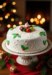 Festive Christmas cake with Santa Claus decoration on a cake stand