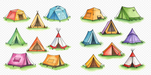 A collection of colorful hand-drawn camping tents in various styles and shapes, perfect for outdoor adventures and travel.