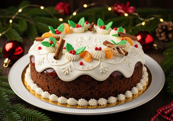 Festive Christmas cake decorated with mandarin oranges, cinnamon, and holly
