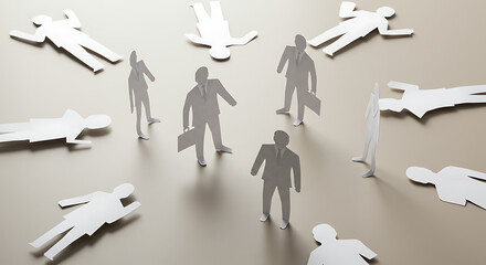 Paper figures of people in business attire arranged on table  