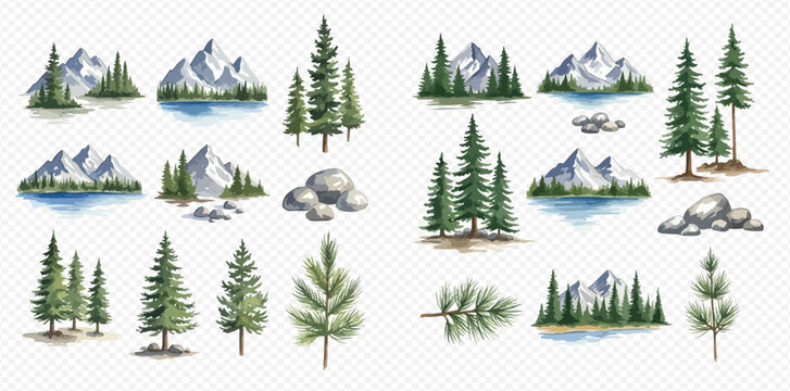 Watercolor illustrations of mountain landscapes with pine trees, lakes, and rocks, presented as a versatile nature-themed graphic resource set.