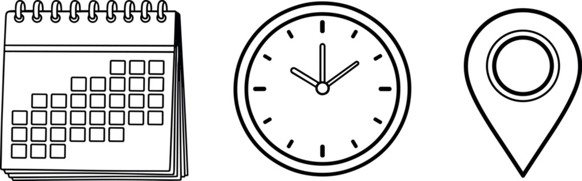 Calendar, Clock, and Location Pin Icons A Visual Representation of Time, Scheduling, and Navigation