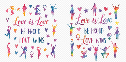 Watercolor illustration of diverse people, hearts, and stars with 
