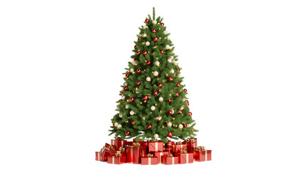 Decorated christmas tree with presents underneath isolated on transparent background