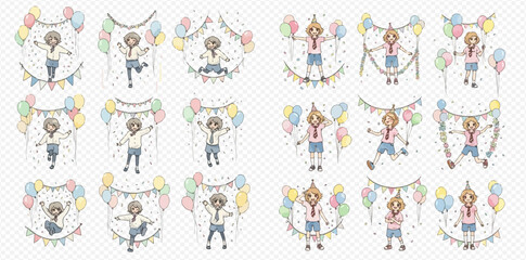 Collection of cartoon boy illustrations celebrating with balloons, confetti, and party banners in various joyful poses.