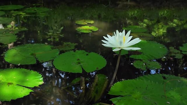 Exquisite white lotus flowers thrive harmoniously in serene watery landscape, showcasing natural elegance and tranquility perfect for nature enthusiasts
