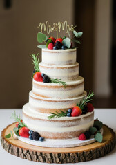 Elegant wedding cake with fresh berries and greenery on a wooden cake stand