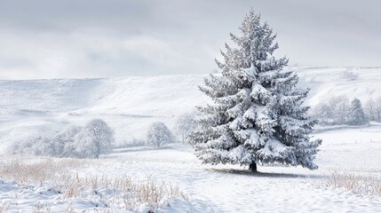 Fototapeta premium A beautiful evergreen tree stands alone in a serene snowy landscape. The ground is covered in fresh snow blending with the white surroundings.