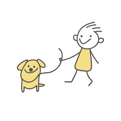 Child walking a happy yellow dog on a white background  