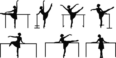 Ballet, silhouette, dancer, barre, pose, training, graceful, movement, black, elegant, posture, dance, icon, vector, balance, flexibility, classical, minimal, illustration, art