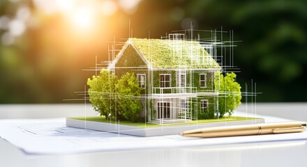 Sustainable Home Design Concept Green House Model with Construction Blueprint on White Paper