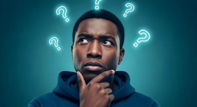 Thoughtful African American Man Surrounded by Question Marks Representing Inquiry