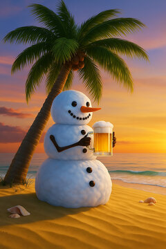 snowman holding drink on the beach