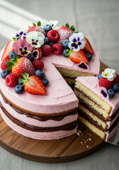 Delicious layered cake decorated with fresh berries and edible flowers