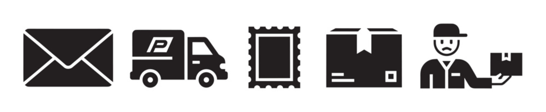 Black icons depicting an envelope, delivery truck, postage stamp, parcel box, and delivery person holding a package, representing postal and shipping services.