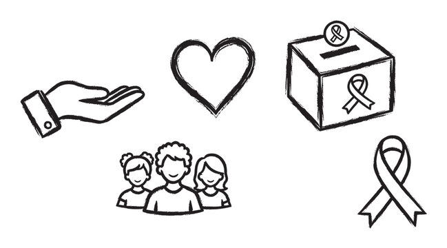 Black sketched hand symbol, heart shape, donation box with ribbon, group of people, and awareness ribbon icon.