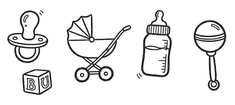 Hand-drawn black outline vector icons of a baby pacifier, stroller, bottle, block, and rattle for childcare and parenting themes.