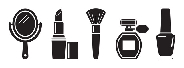 Black silhouette icons of a handheld mirror, lipstick, makeup brush, perfume bottle, and nail polish set, representing cosmetic and beauty products.