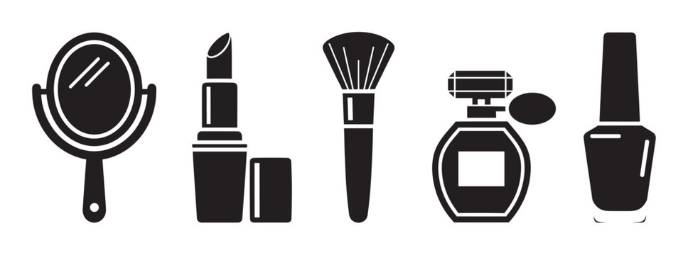 Black silhouette icons of a handheld mirror, lipstick, makeup brush, perfume bottle, and nail polish set, representing cosmetic and beauty products.