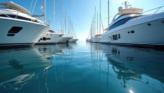 Luxury yachts and sailboats rest calmly in a clear blue harbor. Their reflections shimmer on the still water under a bright sunny sky. Vessels are docked side by side creating a nautical scene.
