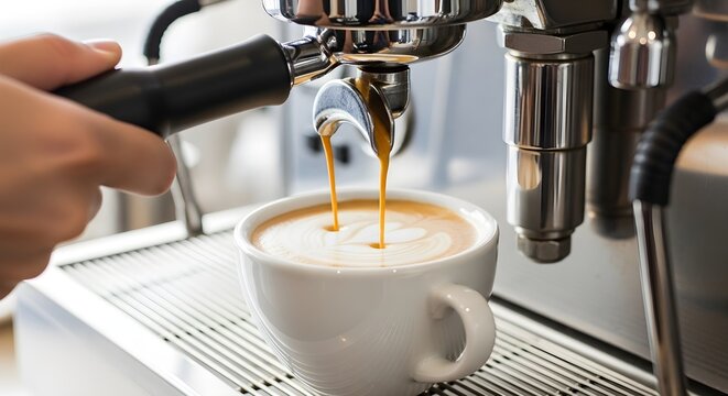 Freshly Brewed Espresso Pouring into a White Cup, Creating a Coffee Delight