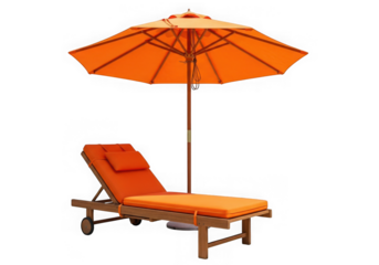 An orange chaise lounge a matching umbrella for relaxation on a sunny day, isolated on transparent background
