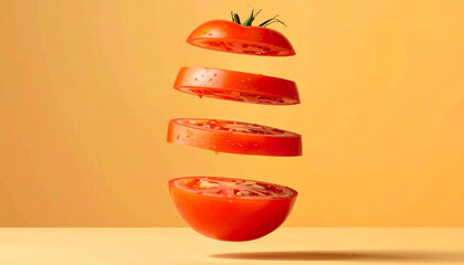 Fresh tomato cut into equal slices hanging in the air.