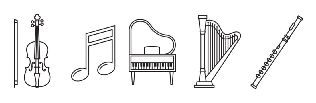 Black outline icons of a violin, musical note, grand piano, harp, and flute arranged in a horizontal row.