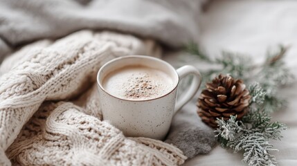 Enjoying hot coffee nestled in a knitted blanket during a cold winter day.