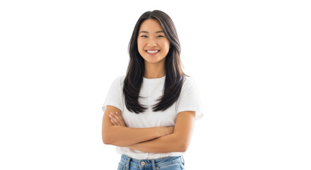 A young asian woman with long dark hair smiles confidently with her arms crossed standing isolated on transparent background