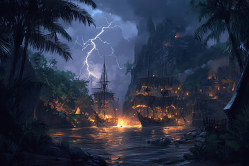 An enchanted pirate cove revealed under flashes of lightning, glowing with hidden treasure