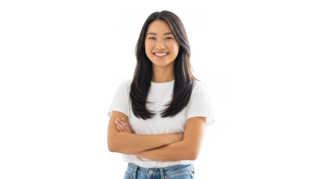 A young asian woman with long dark hair smiles confidently with her arms crossed standing isolated on transparent background