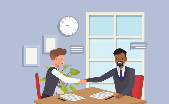 Business Negotiation and Partnership concept. Two business partners shaking hands after successful negotiation flat character vector illustration design.