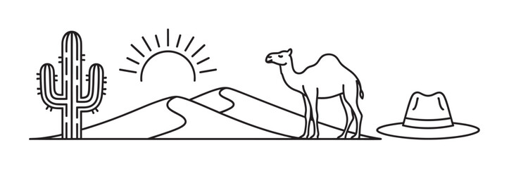 Fototapeta premium Black outline vector of a desert scene featuring a camel, cactus, sun, dunes, and a fedora hat, illustrating travel and adventure themes.