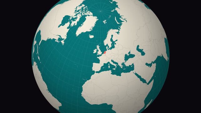 Netherlands map. Animated zoom into the country on the Globe in Teal Pale Mint color palette. Country logo animation. Map with meridians, parallels. Amazing video.