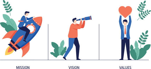 Mission vision values illustration, business concept icons, leadership and ethics graphic, flat design strategy art, organizational development visuals © Hello there