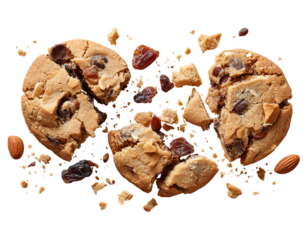 Broken Chocolate Chip Cookies with Raisins and Almonds isolated on a transparent background