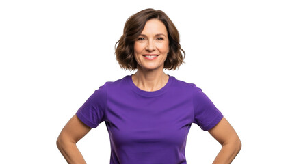 Smiling middle aged woman with short brown hair wearing a purple t shirt standing with hands on hips isolated on transparent background