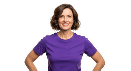 Smiling middle aged woman with short brown hair wearing a purple t shirt standing with hands on hips isolated on transparent background
