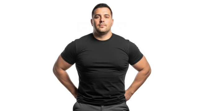 A muscular man wearing a black t shirt and shorts stands confidently with hands on hips isolated on transparent background