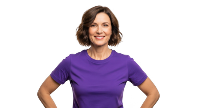 Smiling middle aged woman with short brown hair wearing a purple t shirt standing with hands on hips isolated on transparent background